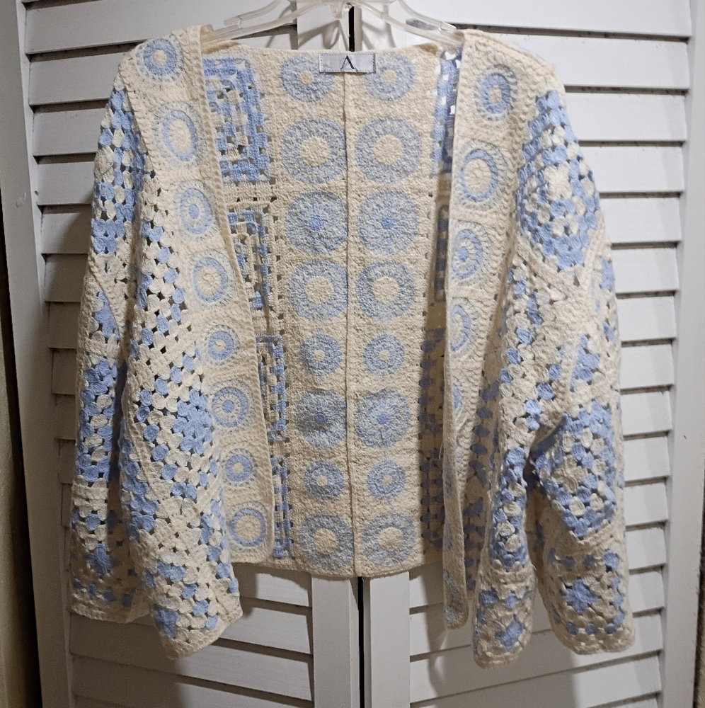 AZ Factory Crochet Patterned Cardigan in Blue and Cream
